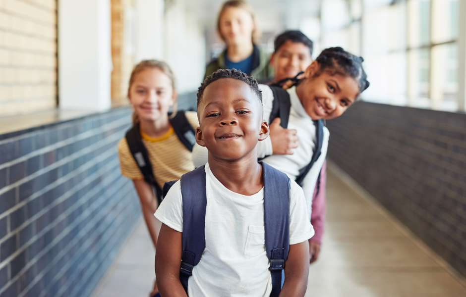 children in school hallway